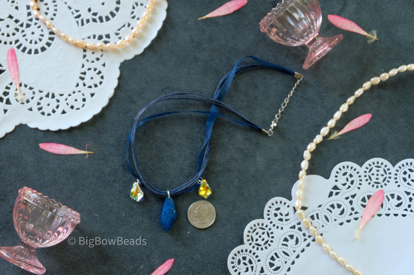 Dark Blue Ribbon Necklace