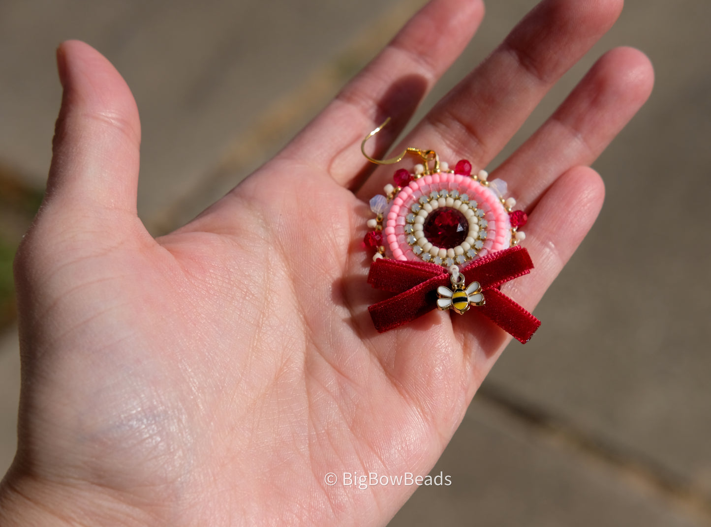 Maroon Bow and Bee Earrings