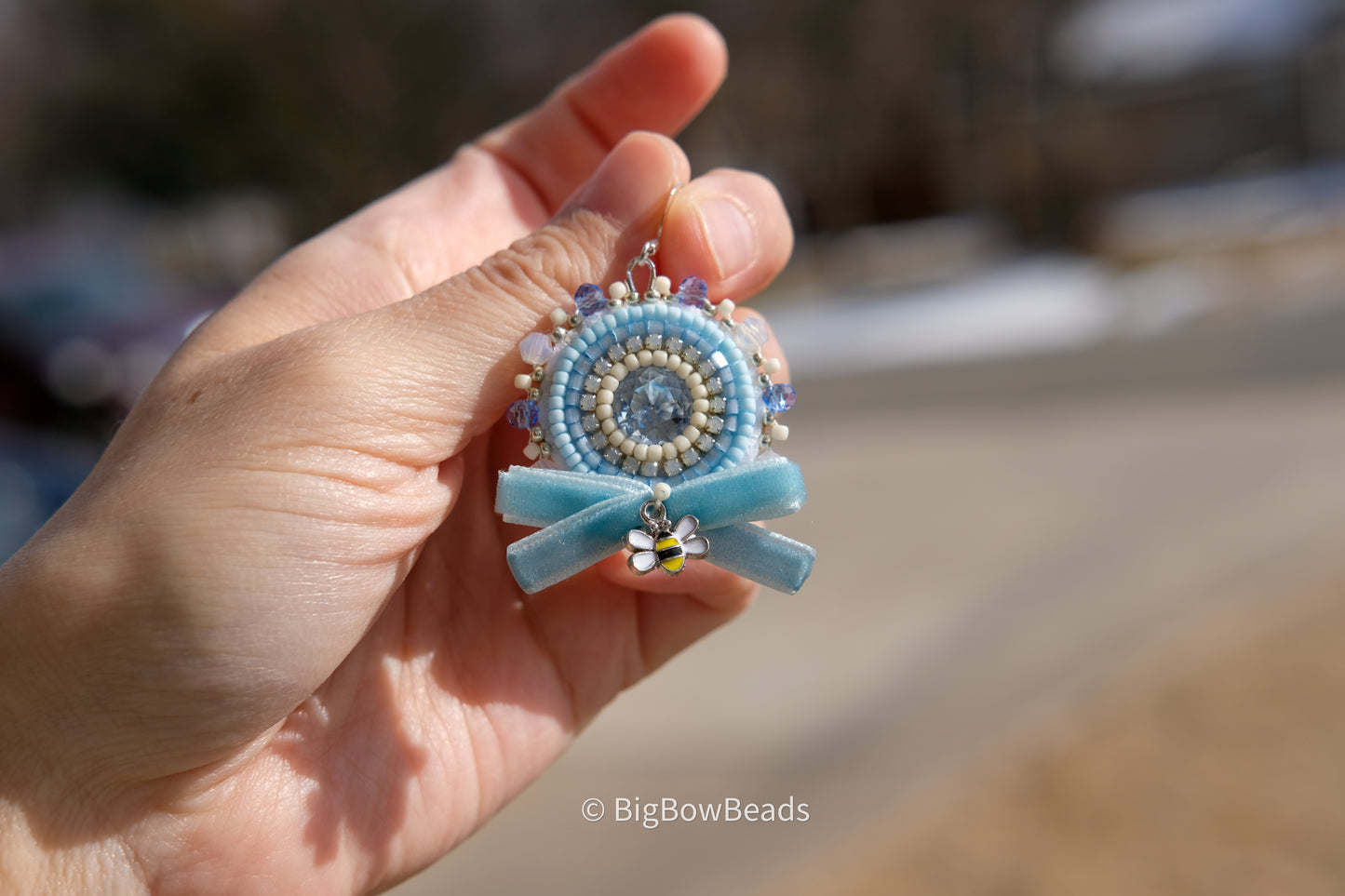 Light Blue Bow and Bee Earrings