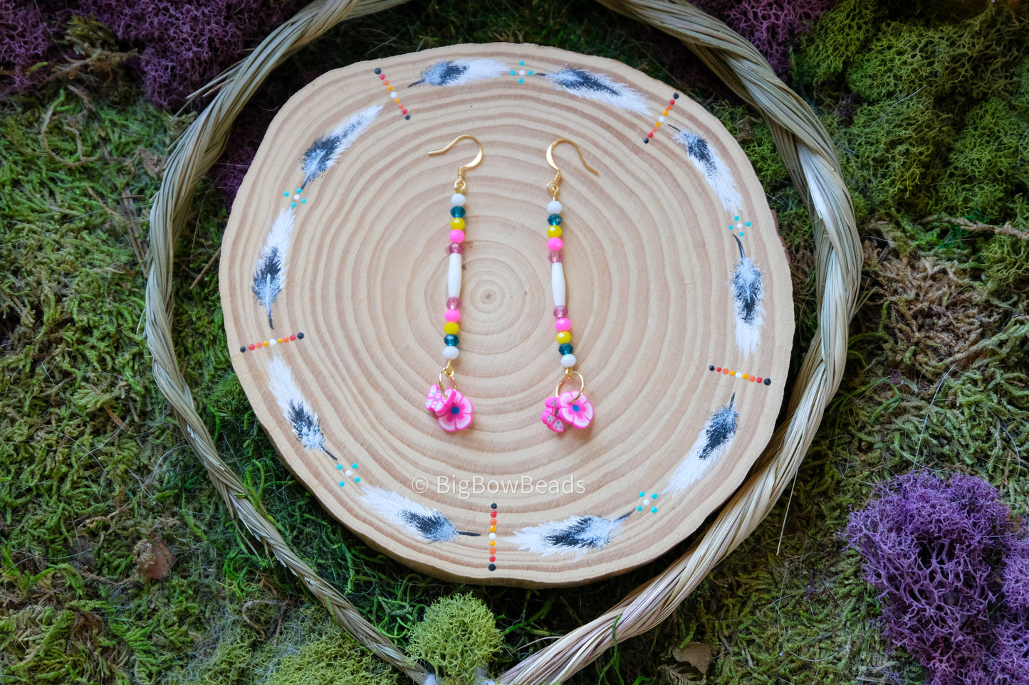 Flower and Butterfly Bone and Glass Earrings