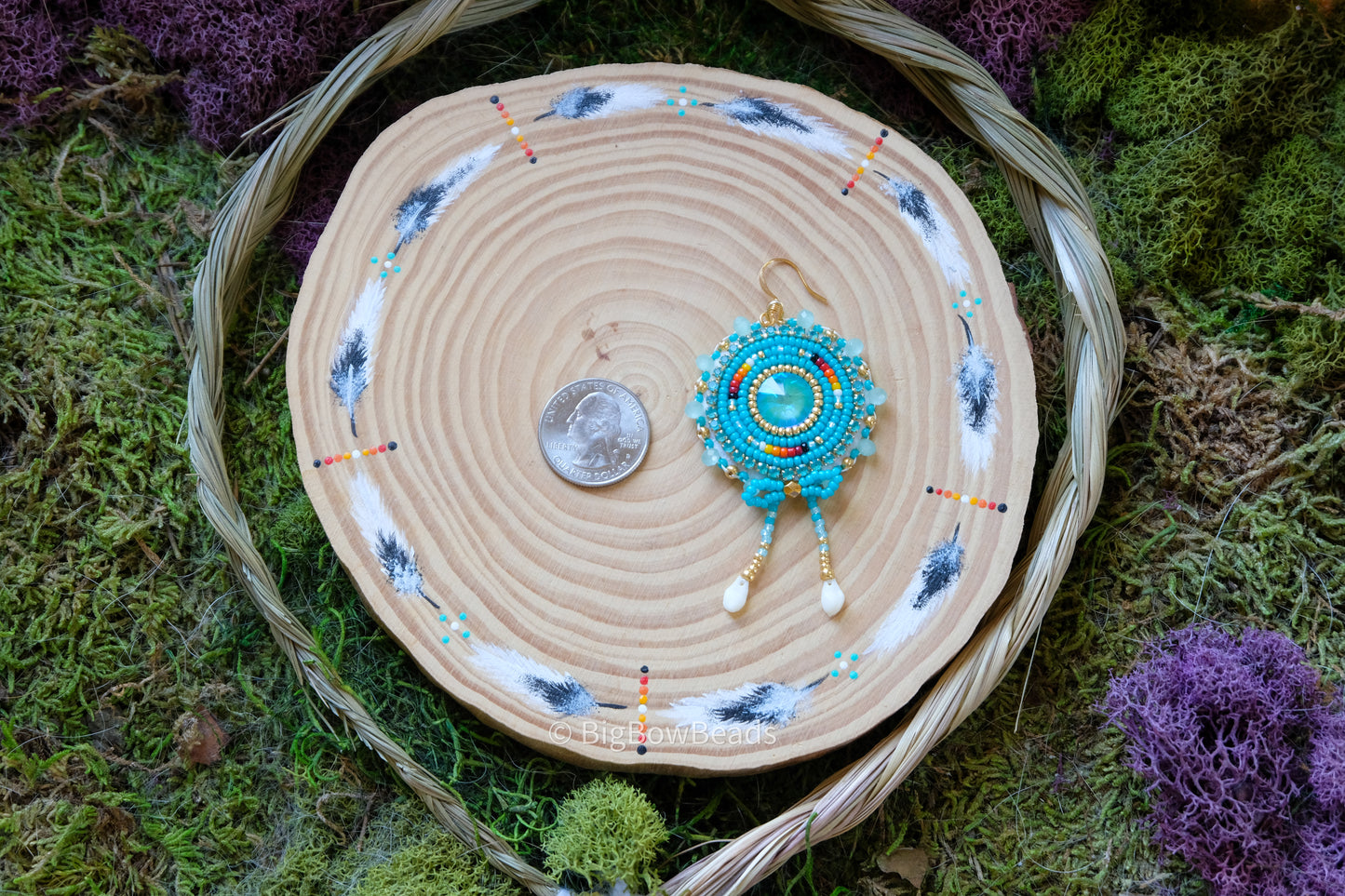 Aqua Teal and Fire Circle Bow Earrings