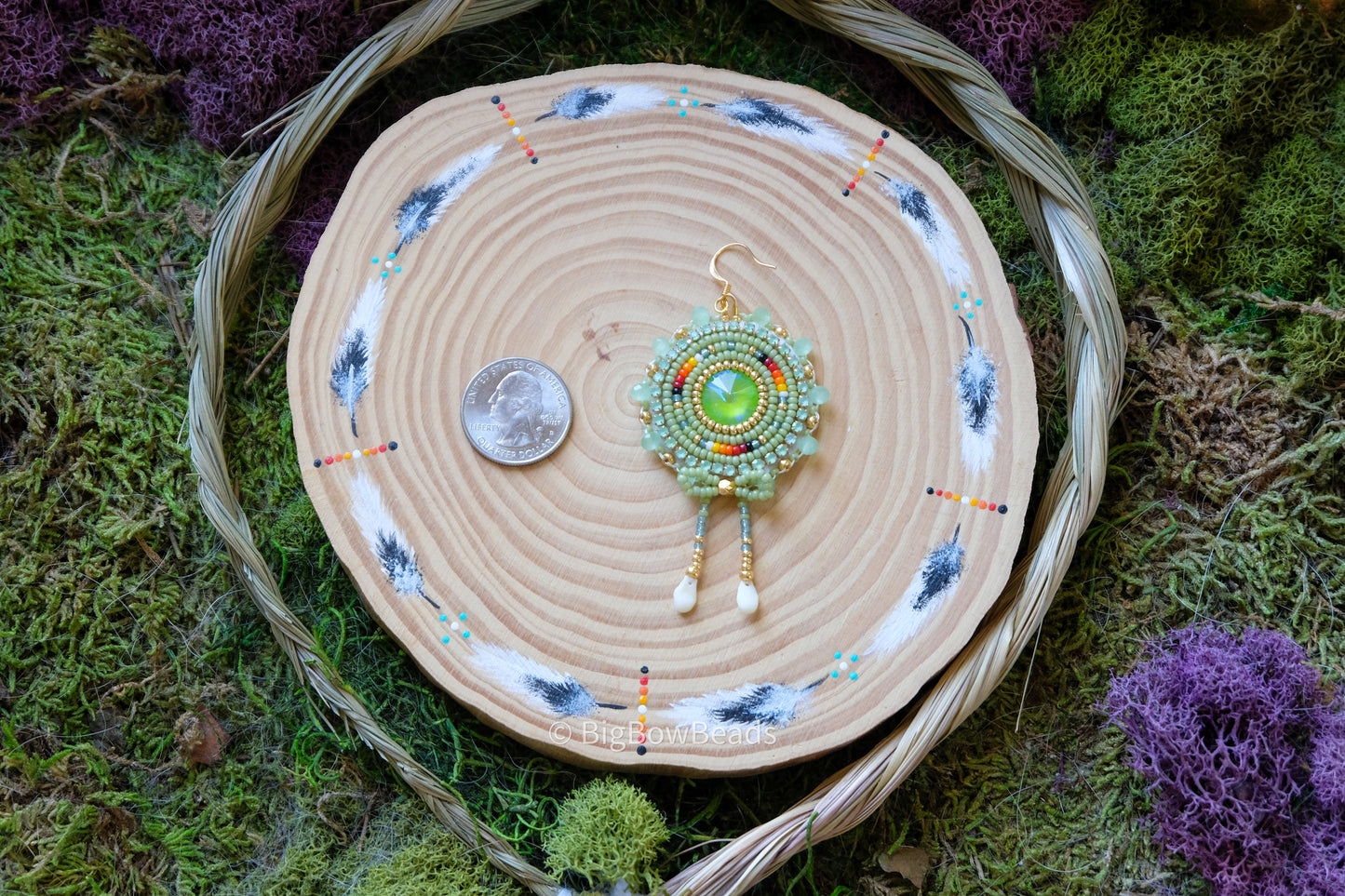 Sage Green and Fire Circle Bow Earrings