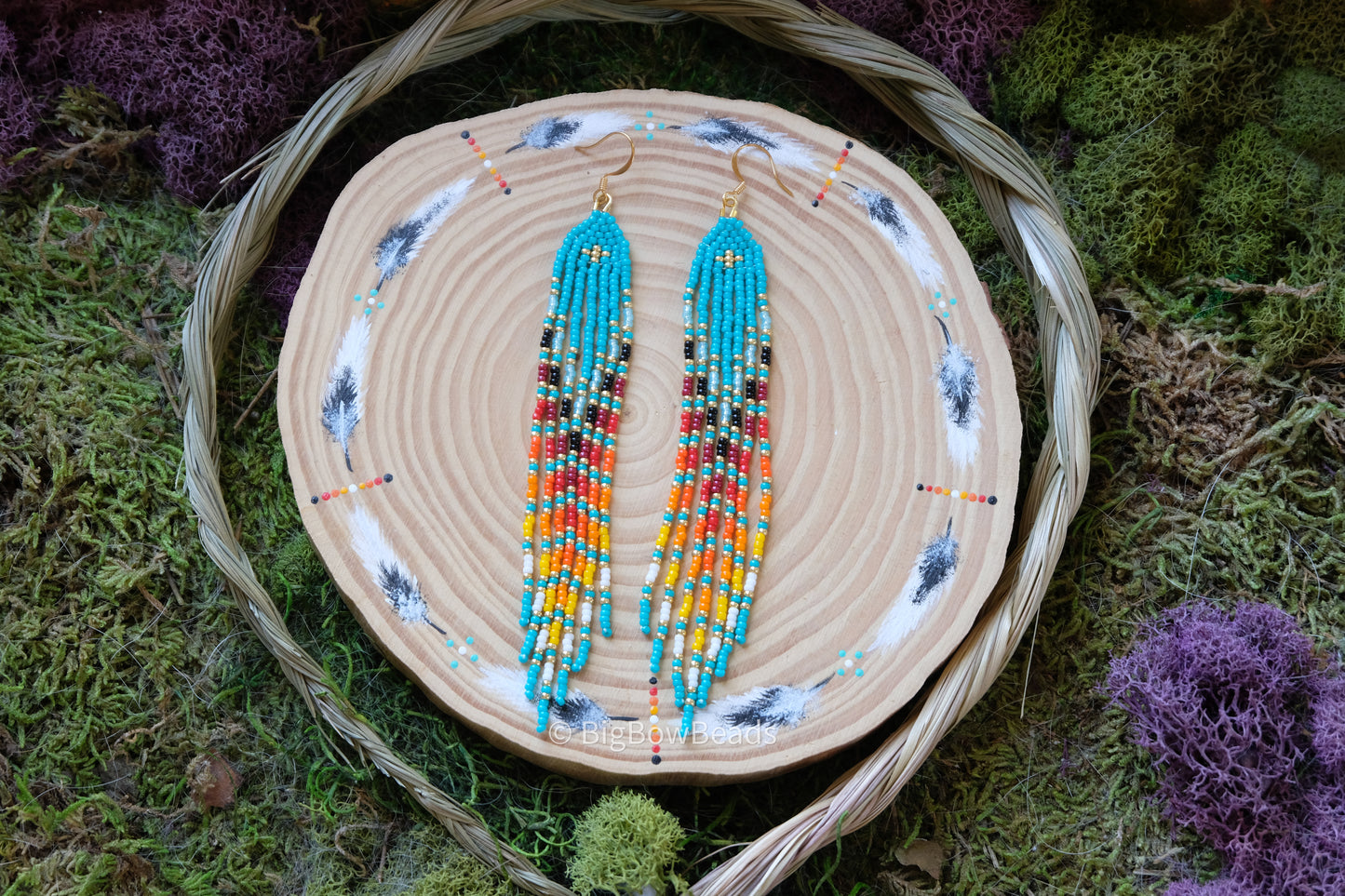 Aqua Teal Feathered Fire Fringe Earrings