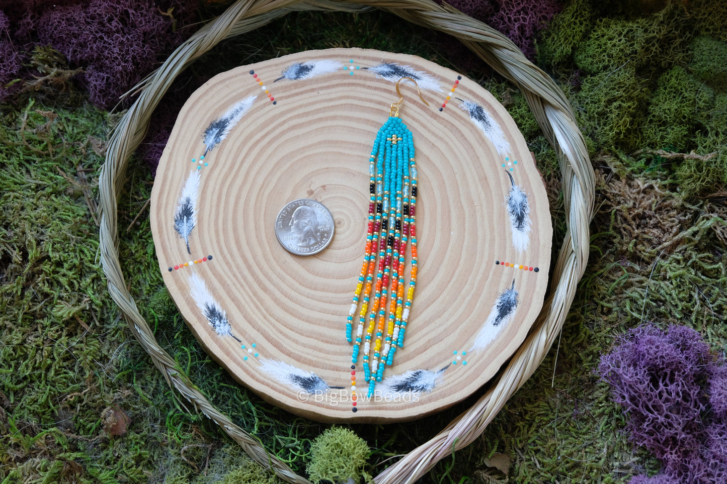 Aqua Teal Feathered Fire Fringe Earrings
