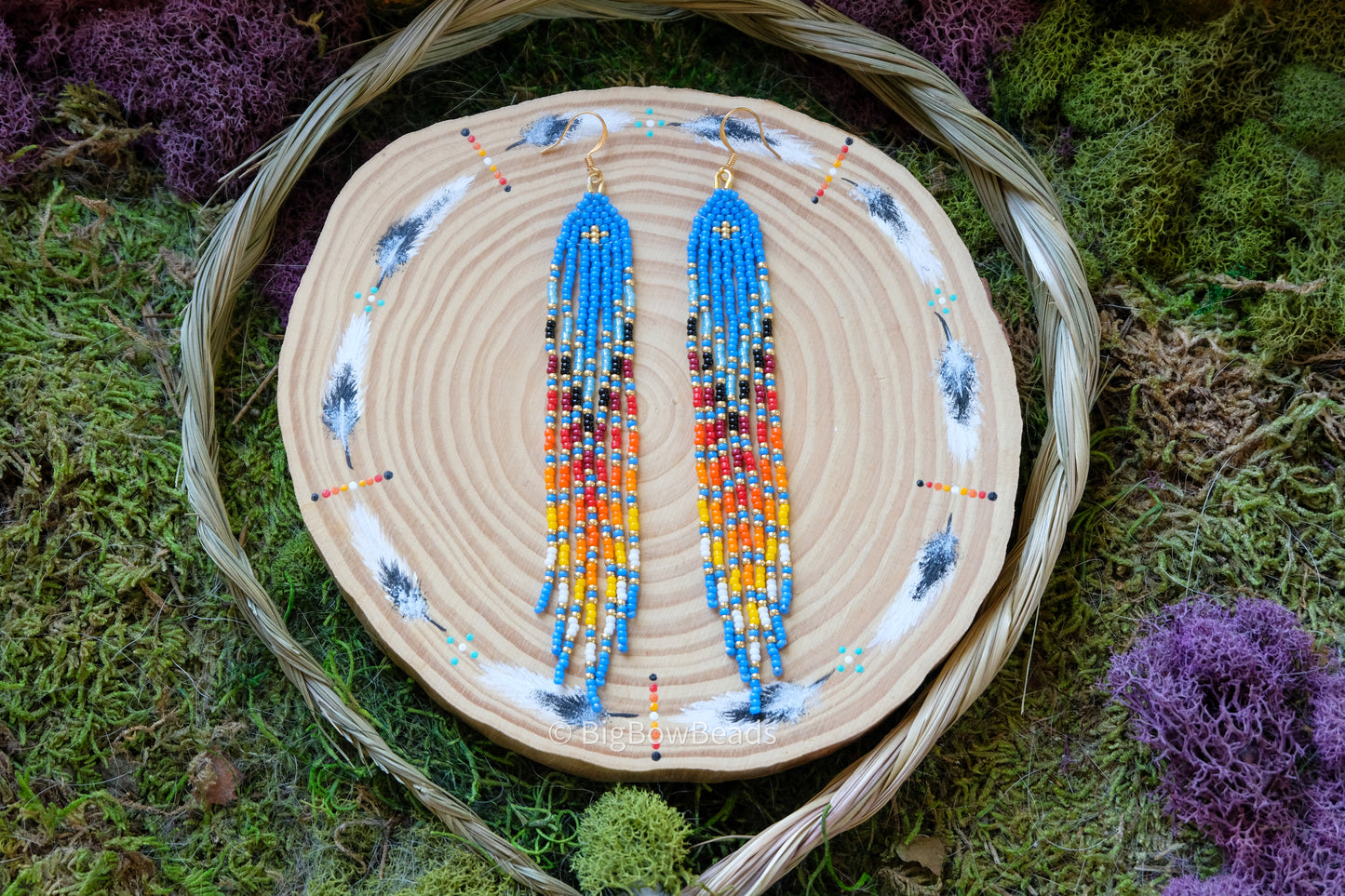 Blue Feathered Fire Fringe Earrings