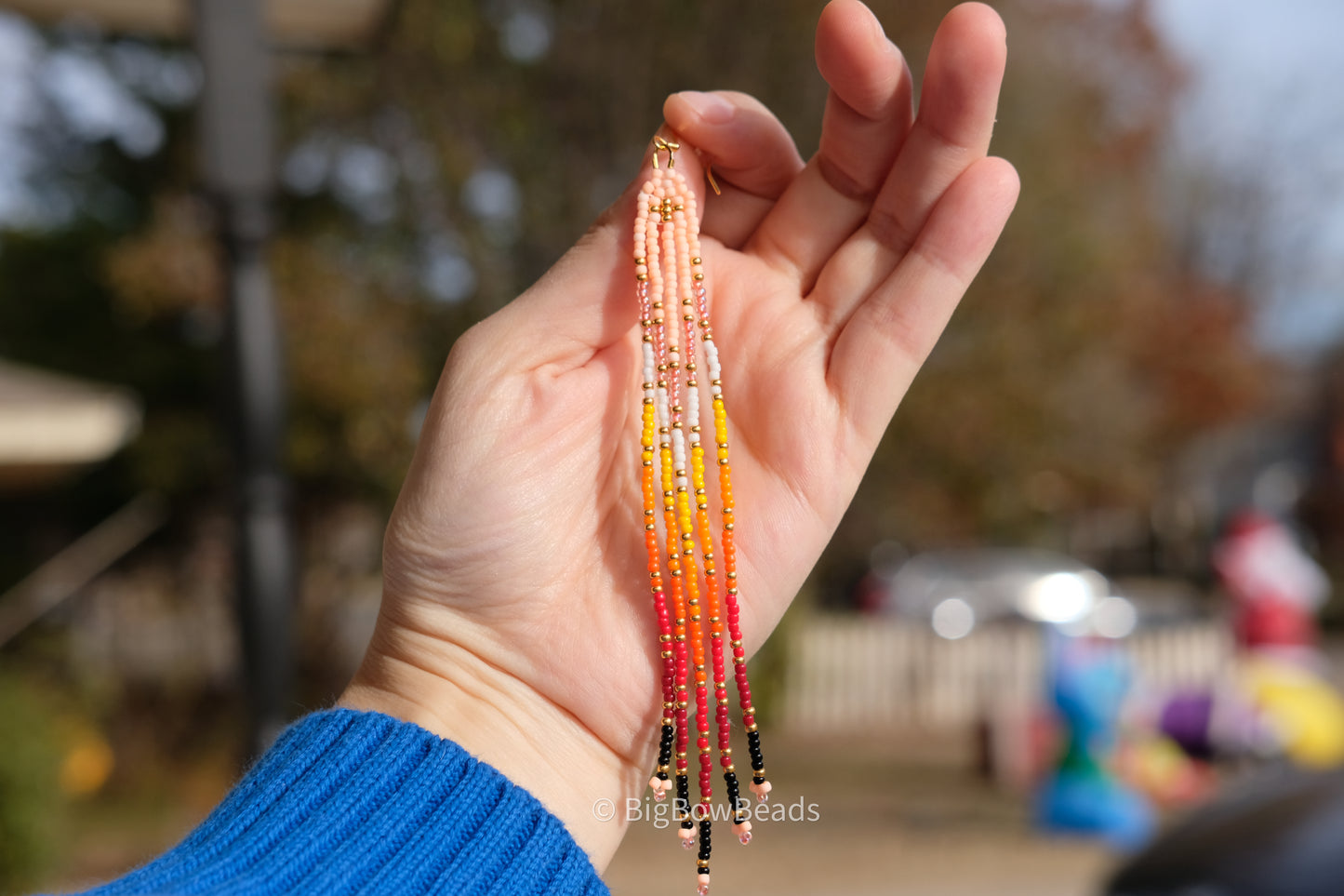 Light Neon Peach Fire Fringe Earrings