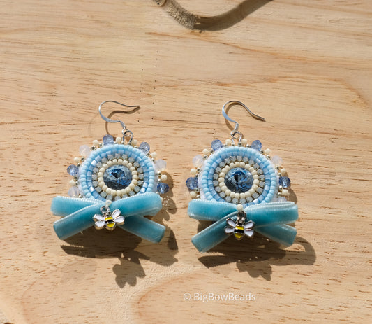 Light Blue Bow and Bee Earrings