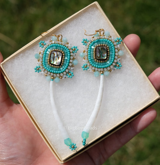 Turquoise Green Abalone and Dentalium Earrings