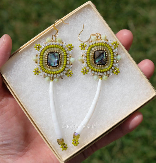 Olive Green Abalone and Dentalium Earrings