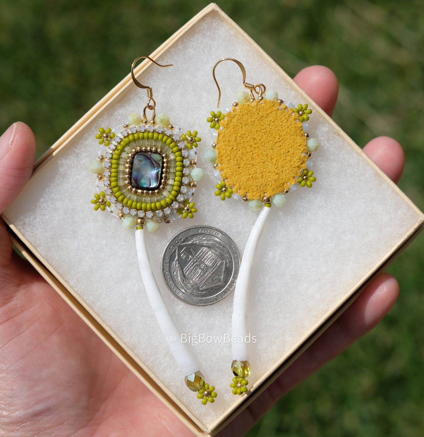 Olive Green Abalone and Dentalium Earrings