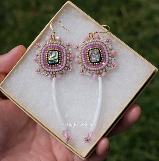 Mauve Abalone and Dentalium Earrings