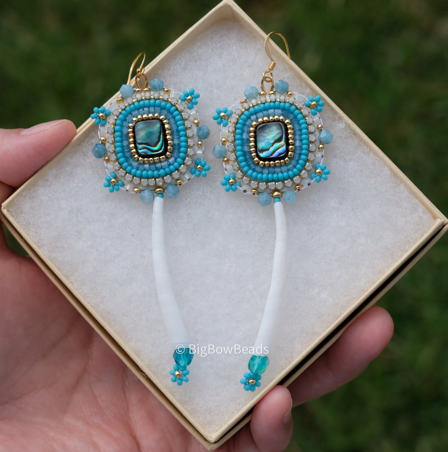Teal Blue Abalone and Dentalium Earrings