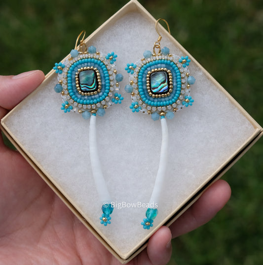 Teal Blue Abalone and Dentalium Earrings