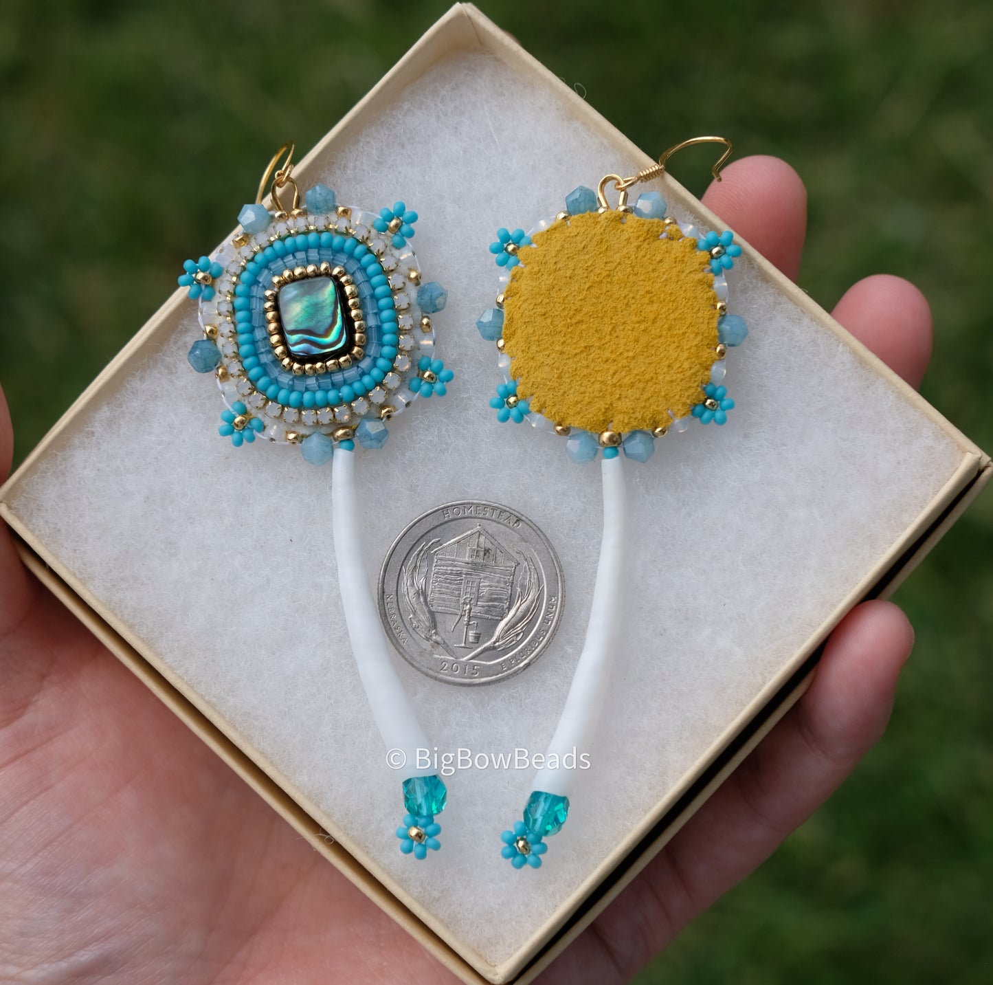 Teal Blue Abalone and Dentalium Earrings