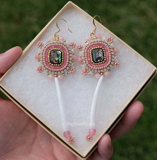 Dusty Pink Abalone and Dentalium Earrings