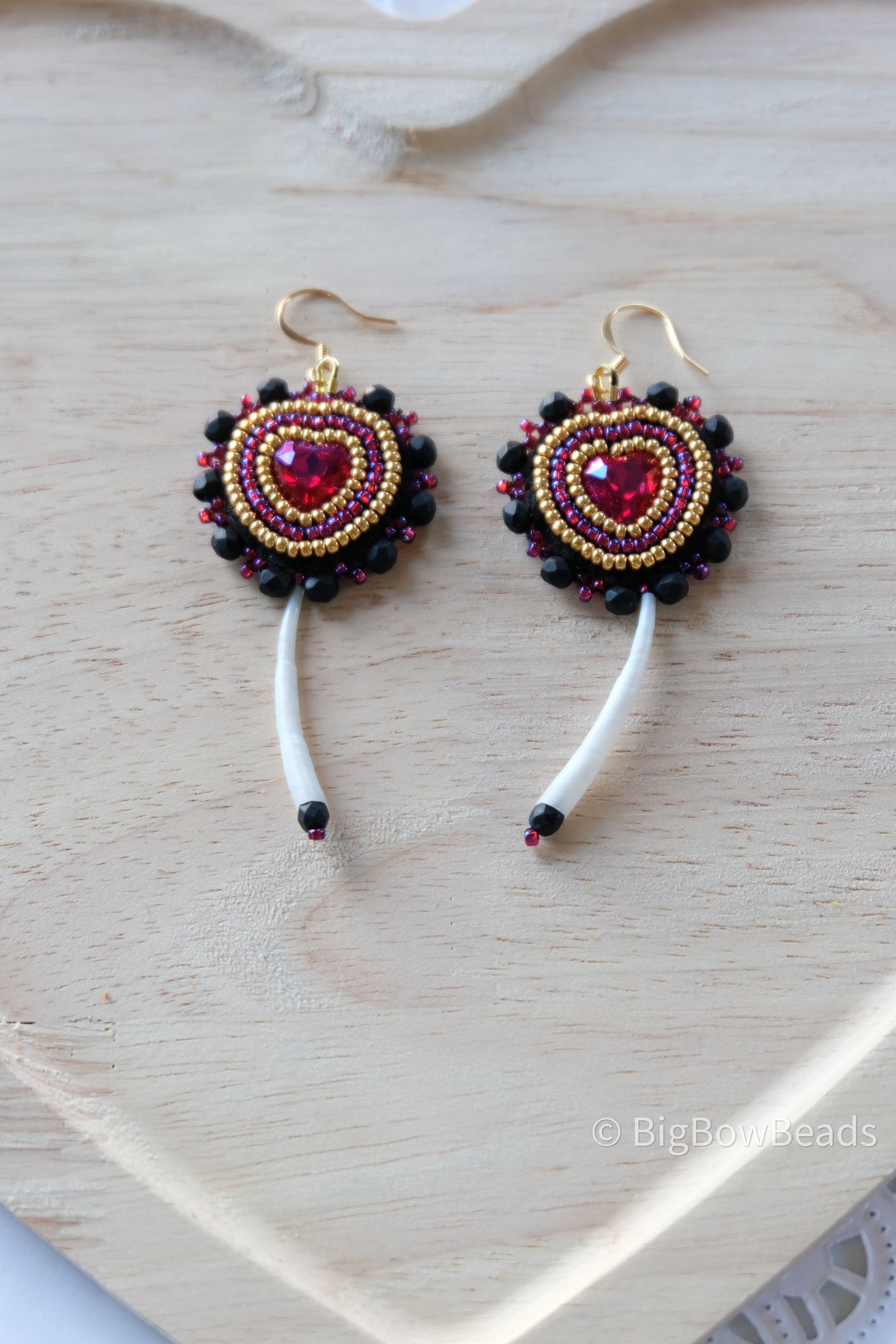 Black Dentalium Heart Earrings