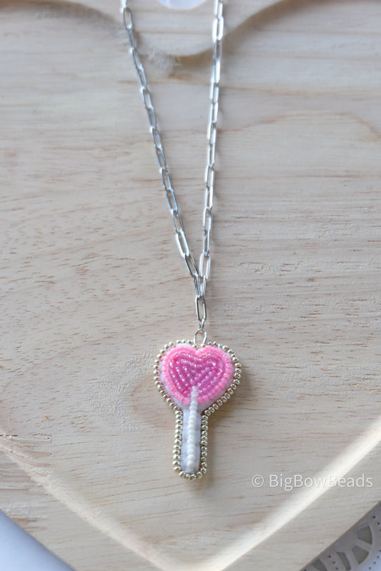 Pink Lollipop Heart Candy Necklace