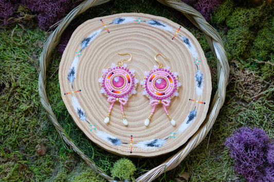 Pink and Fire Circle Bow Earrings