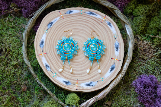 Aqua Teal and Fire Circle Bow Earrings