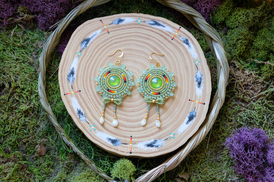 Sage Green and Fire Circle Bow Earrings