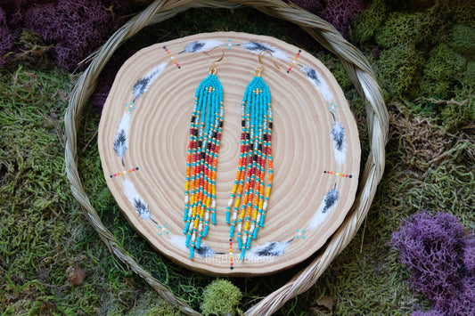 Aqua Teal Feathered Fire Fringe Earrings