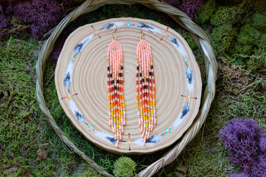 Peach Feathered Fire Fringe Earrings