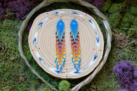 Blue Feathered Fire Fringe Earrings