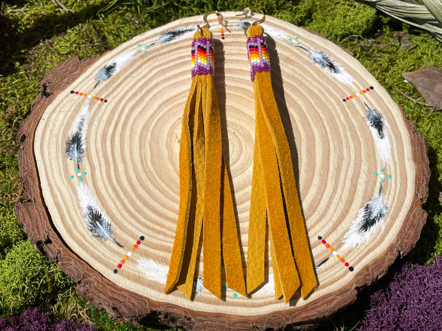 Purple Beaded Hide Fringe Earrings