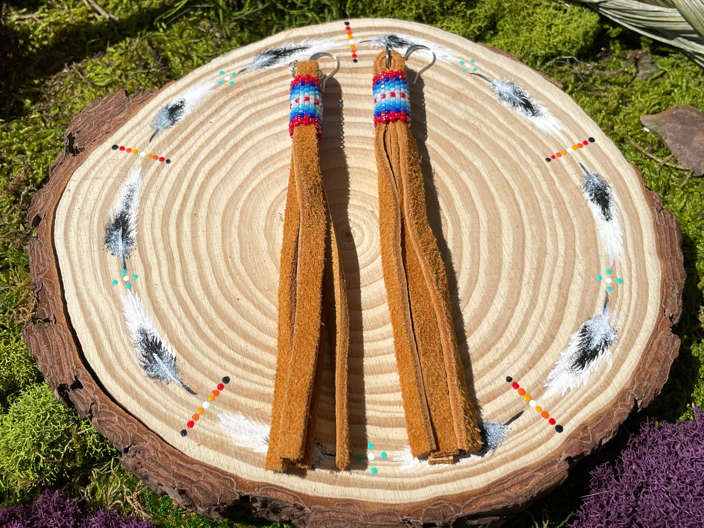 Blue/Red Hide Fringe Earrings