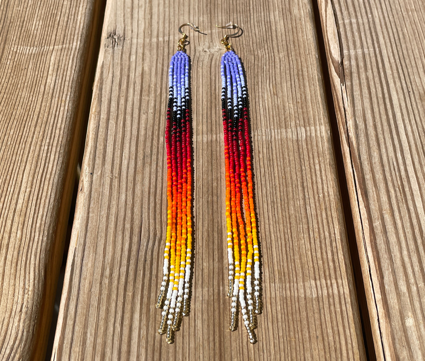 Periwinkle and Fire Colored Long Fringe Earrings