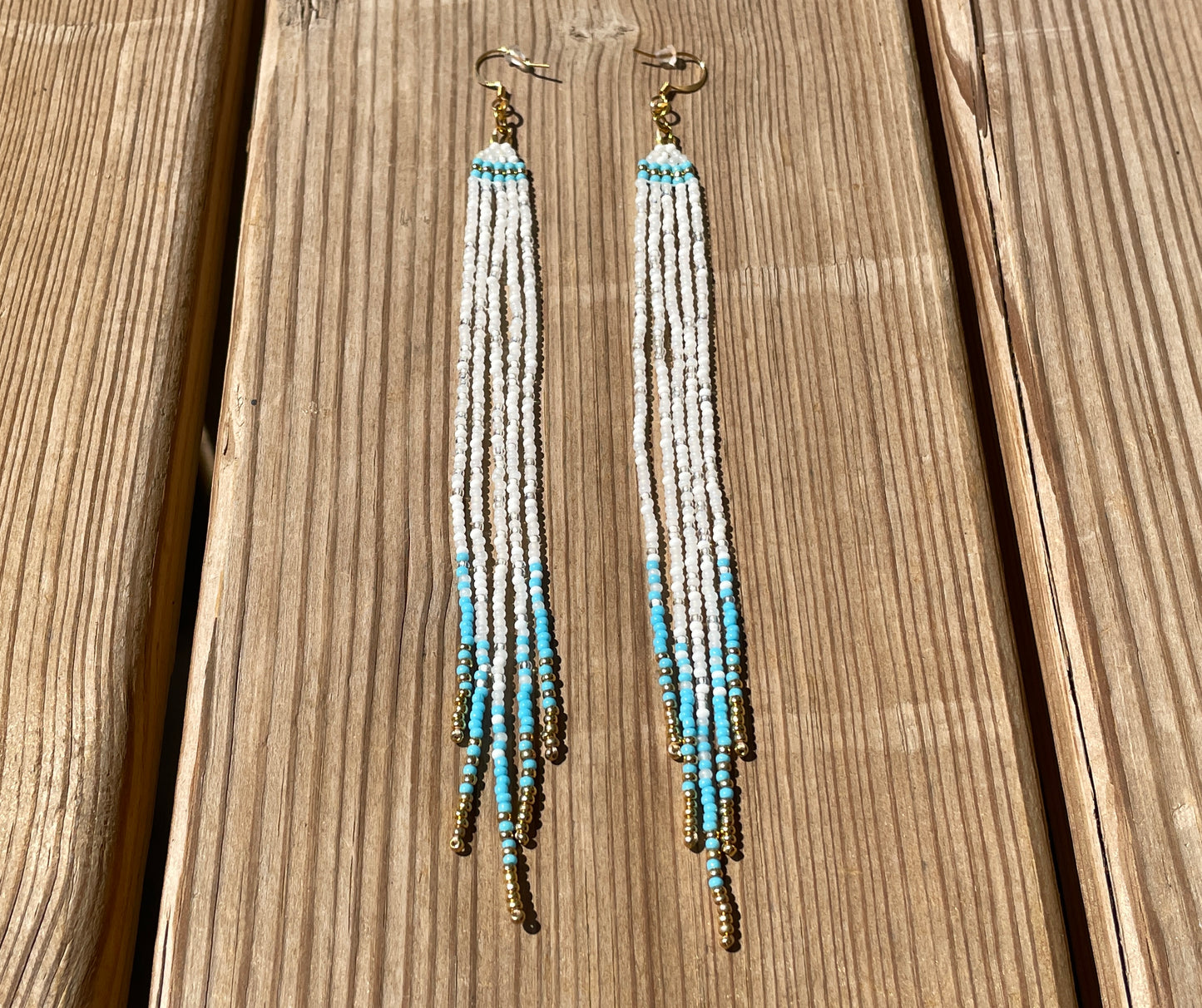 White/Blue Beaded Fringe Earrings