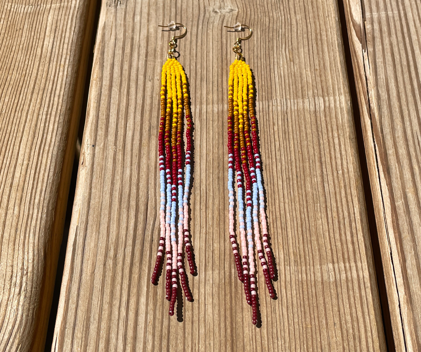 Yellow/Maroon Beaded Fringe Earrings