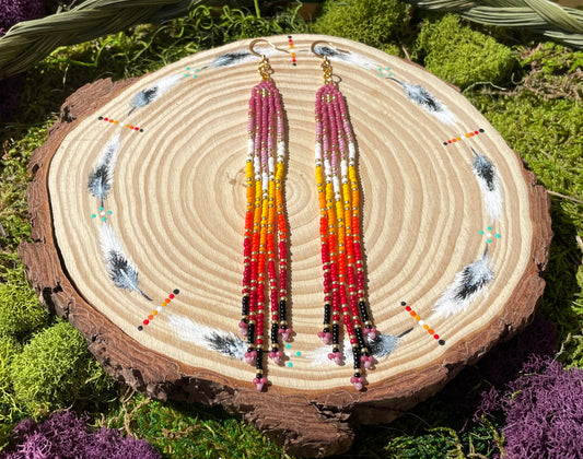 Medium Pink Fire Gradient Beaded Fringe Earrings