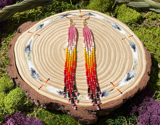 Pink Fire Gradient Beaded Fringe Earrings