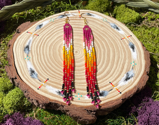 Magenta Fire Gradient Beaded Fringe Earrings