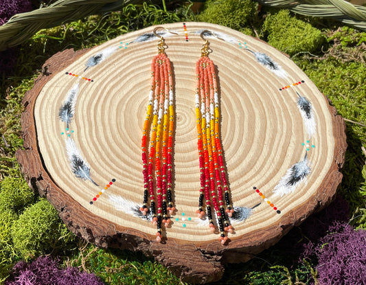 Peach Fire Gradient Beaded Fringe Earrings