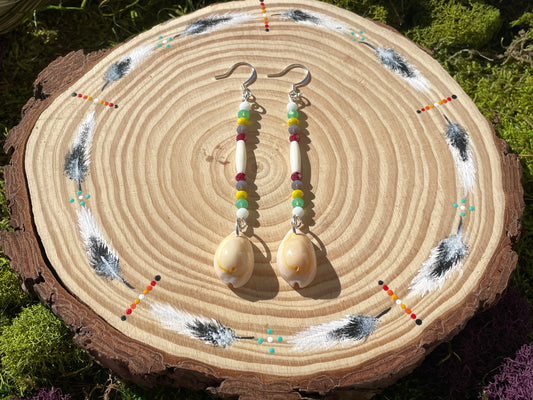 Yellow/Crimson/White Shell and Bone Earrings