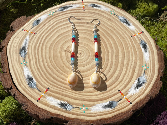 Blue/Red/Orange Bone and Shell Earrings